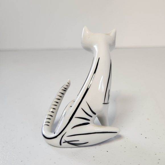 Art Deco Cat Vintage Hollohaza Porcelain Figurine White Black Mid Century Modern - Picture 3 of 8